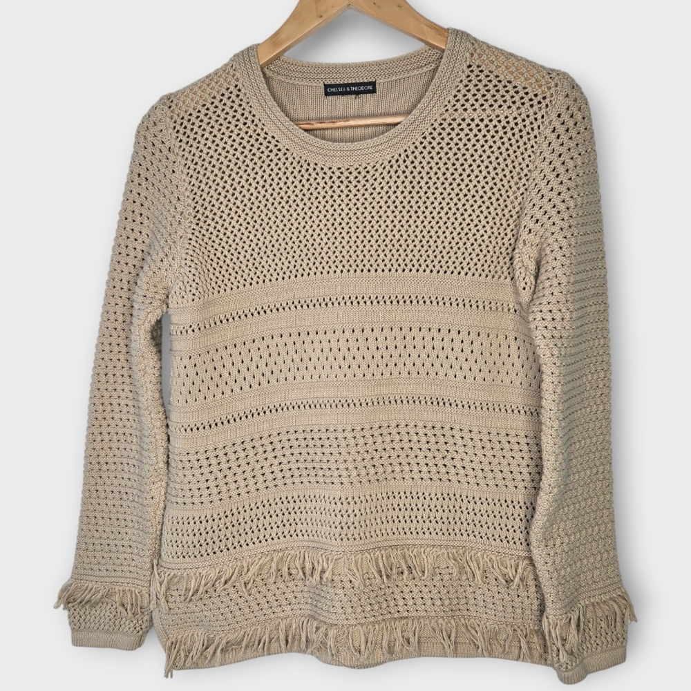 Chelsea & Theodore Crochet Fringe Sweater Top Size S Beige Boho Hippie Festival